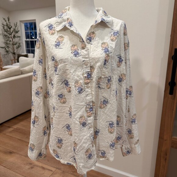 aerie Tops - Aerie XXL Muslin Button Up Shirt Off Duty Seersucker Peanuts Charlie Brown Sally